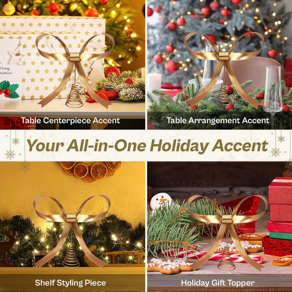 Large Metal Bow Christmas Tree Topper, 9.4 Inch Champagne Gold Tree Topper