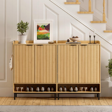 Large Shoe Cabinet with Doors Set of 2, Fluted Wooden Storage with Adjustable Shelves, Hanging Rod Modern Tall