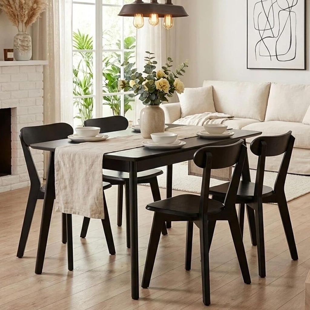 Black Wooden Dining Chairs Set of 4, Mid Century Modern Solid Rubberwood Armless Kitchen & Dining Chairs with Curved