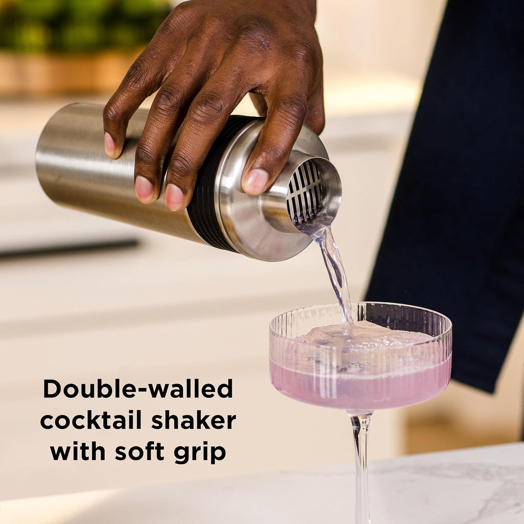 6-Piece Bar Tool Set - Stainless Steel Cocktail Shaker with Integrated Strainer, Muddler, Stir Spoon, Double Jigger - Set of 6