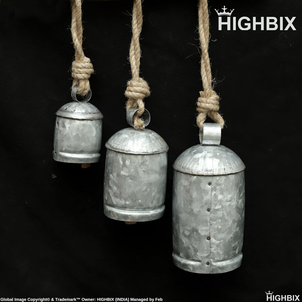 Set of 3 Medium Galvanized Metal Hanging Cow Bells Rustic Farmhouse Vintage-Style Cowbells with Jute Rope for Wall
