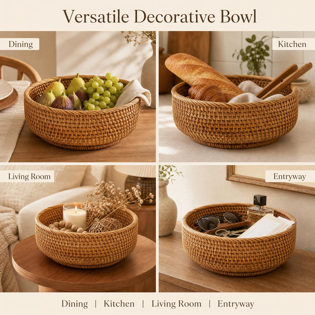 10.6" Large Round Rattan Bread Fruit Basket - Wicker Storage Basket Serving Bowl, Decorative Tabletop Food Basket