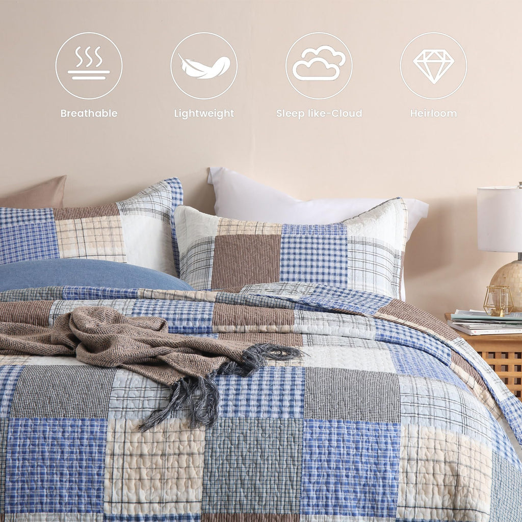 Comforter Set- 100% Cotton Quilt Set, Bule, Plaid bedspreads (96 * 108 Inch) with 2 Pillow Shams