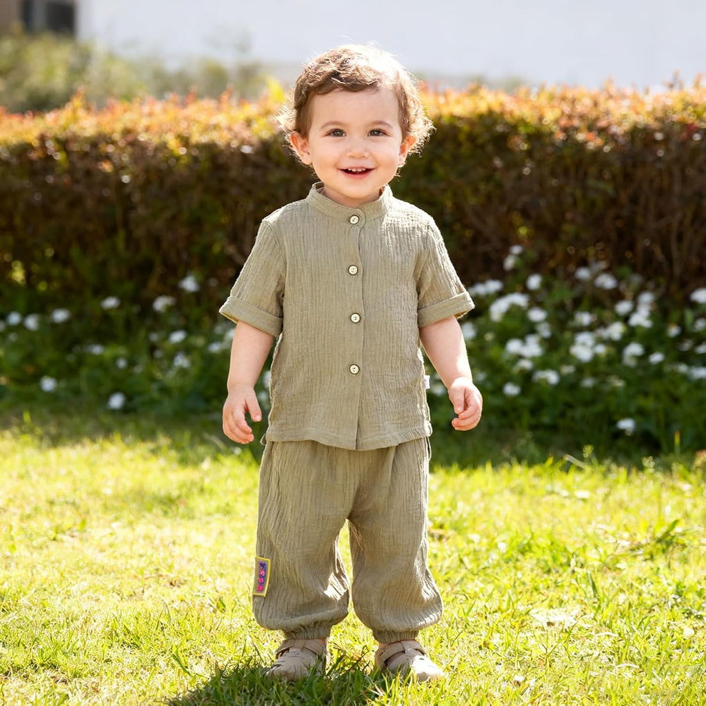 Baby Boys Girls 2Pcs Linen Clothes Set Button-down Long Tops+Elastic Cotton Gauze Long Pants