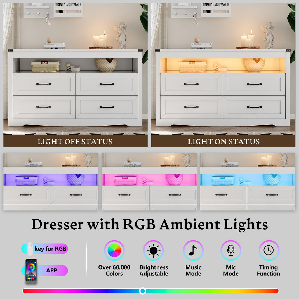 With LED Lights, 4-Drawer White Chest of Drawers