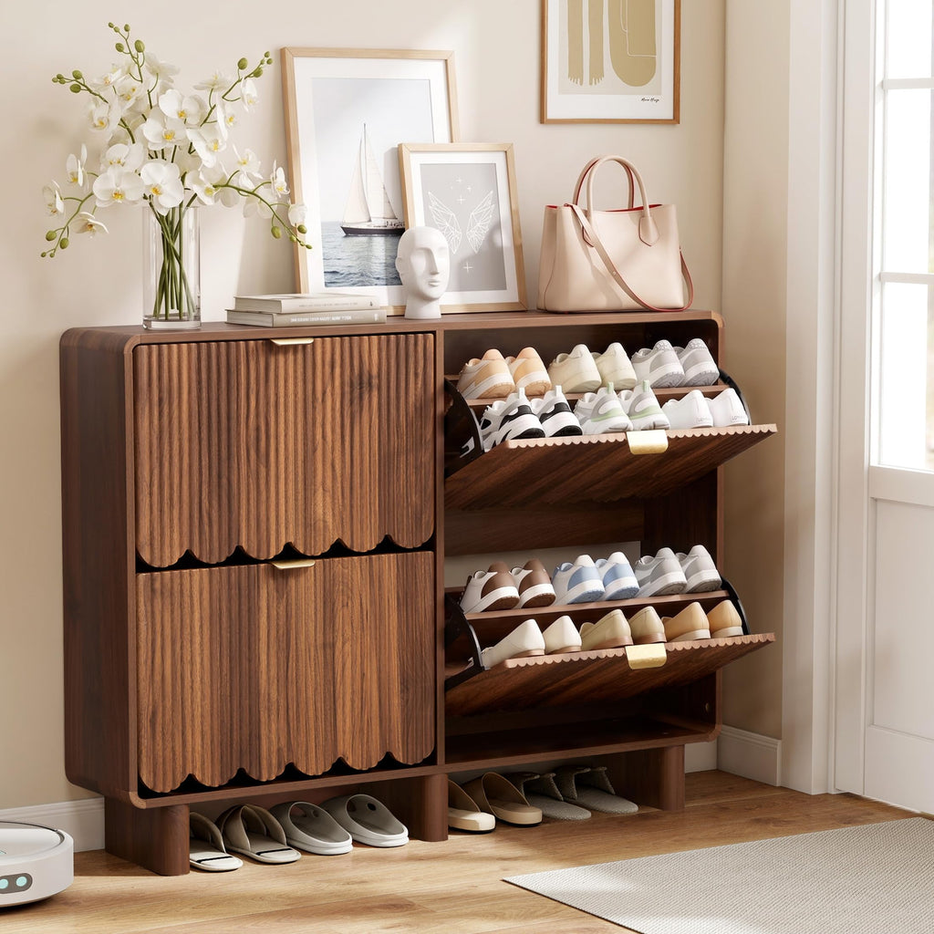Fluted Narrow Shoe Storage Cabinet with 4 Flip Drawers, Walnut
