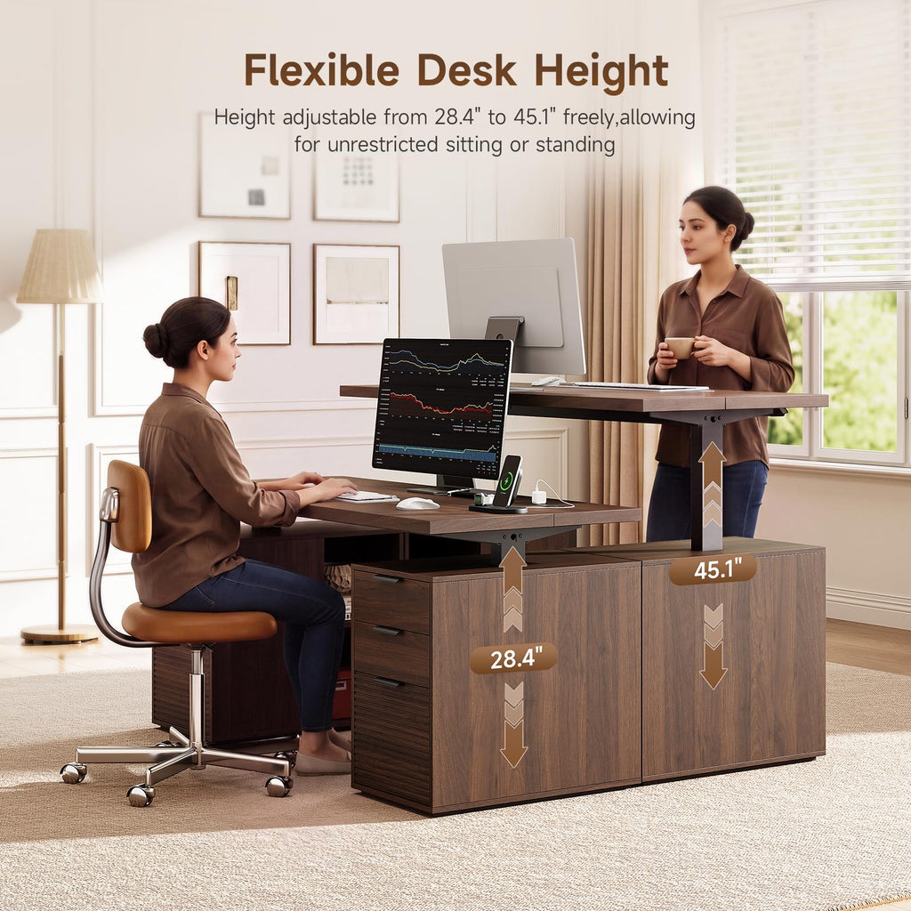 63" Electric Standing Desk with 6 Drawers, Storage Shelves, Walnut