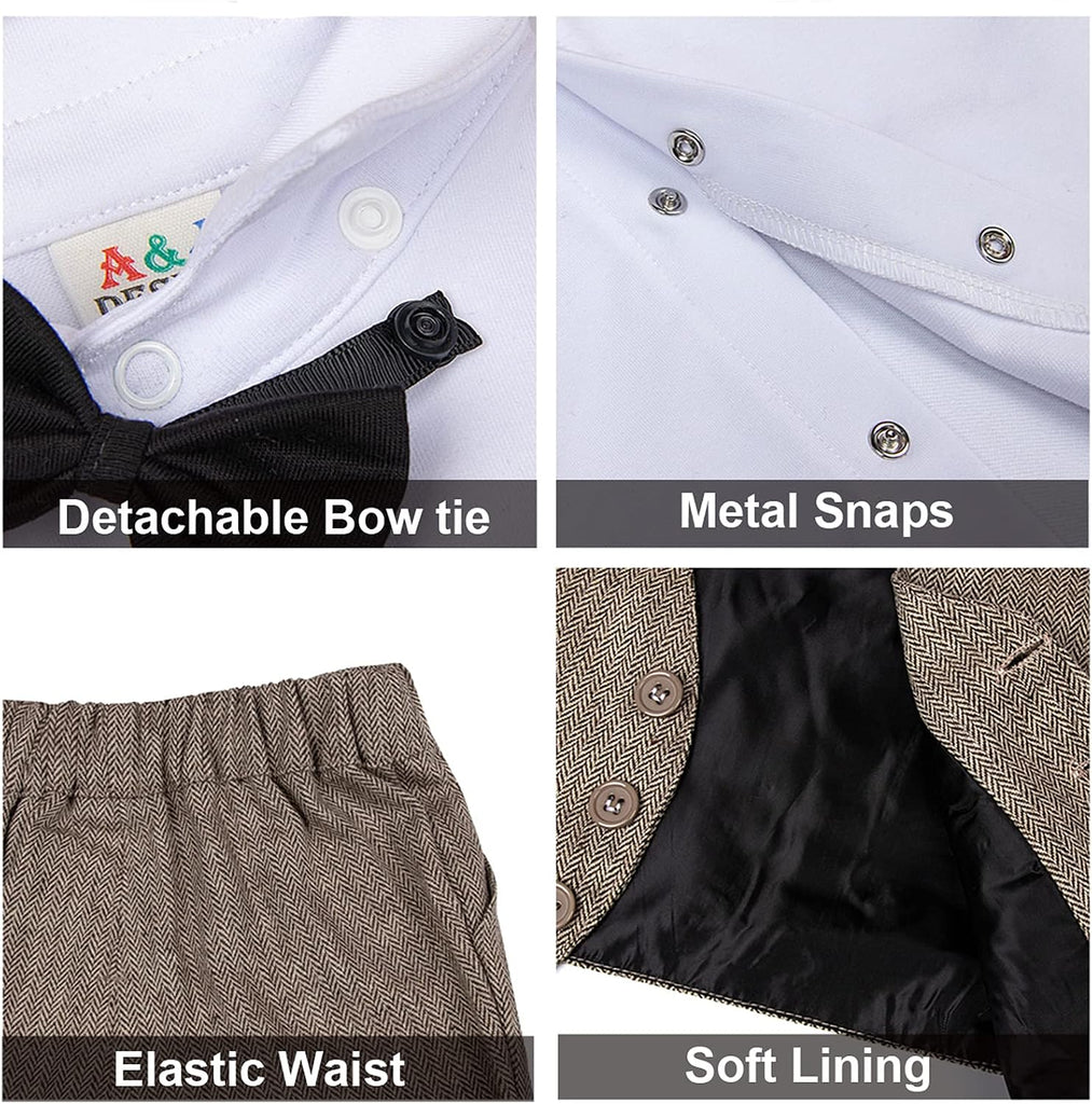 5pcs Toddler Baby Boys Suit Set -, Gentleman Suit Shirt & Shorts & Vest & Hat & Bow Tie
