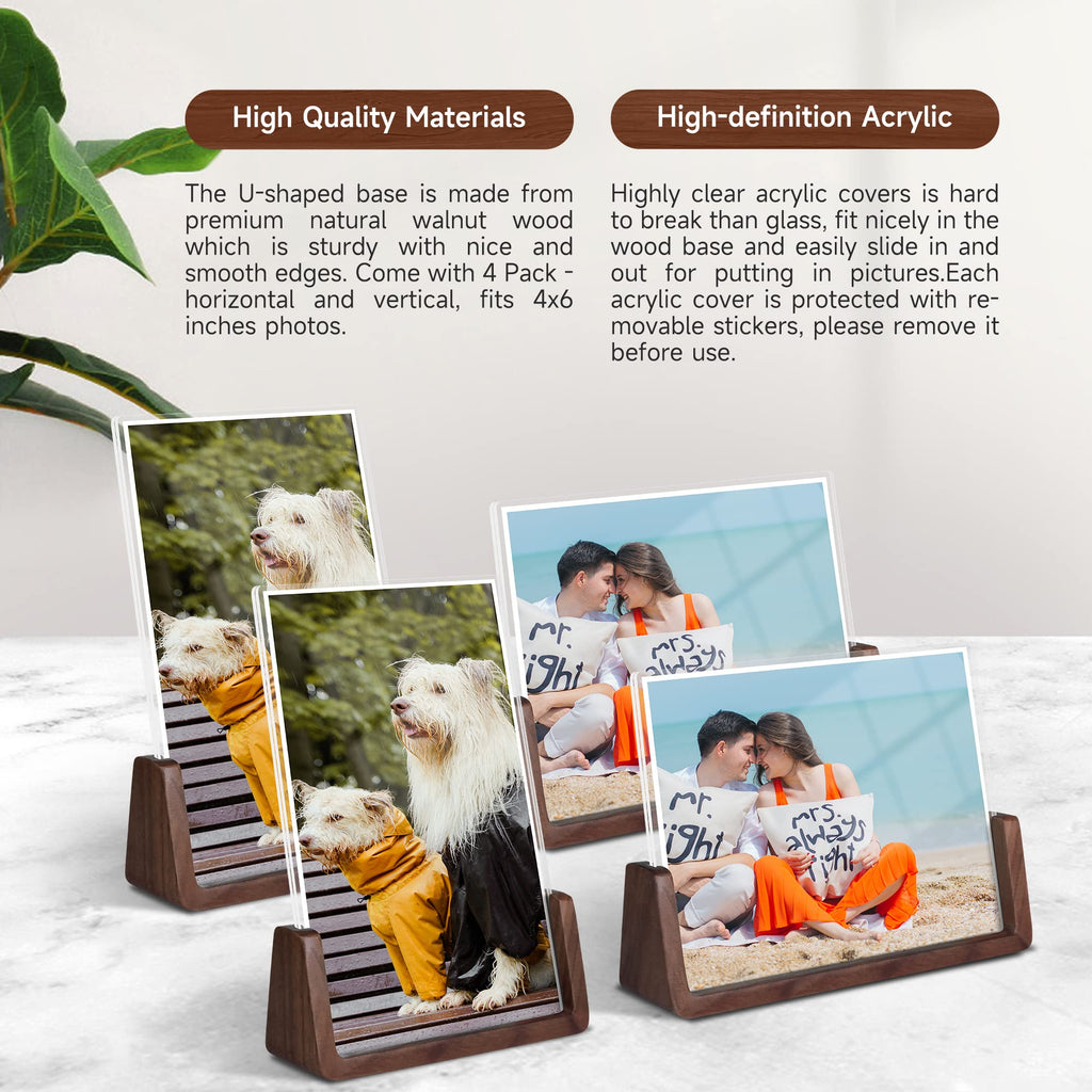 4x6 picture frames, Solid Rustic Wooden Photo Frames with Walnut Wood Base and High Definition Acrylic Glass Covers