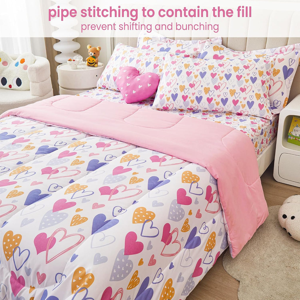 Full Comforter Sets for Girls Kids, 8 Pieces Bed in a Bag Pink Heart Bedding Comforter Sheet Set with Shams and