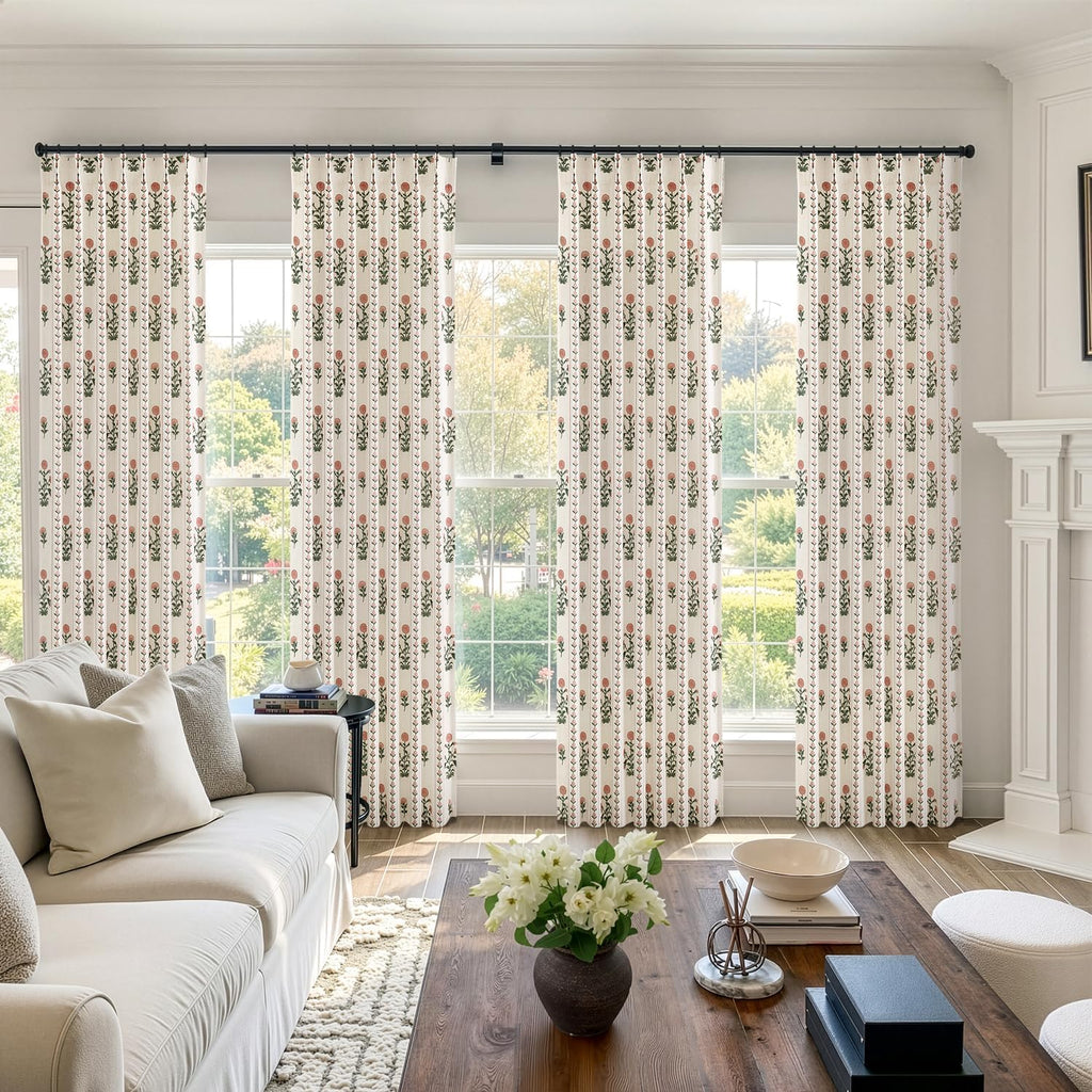 Floral Pinch Pleated Linen Curtains for Living Room Bedroom Dining Room Farmhouse, Light Filtering Memory Trained