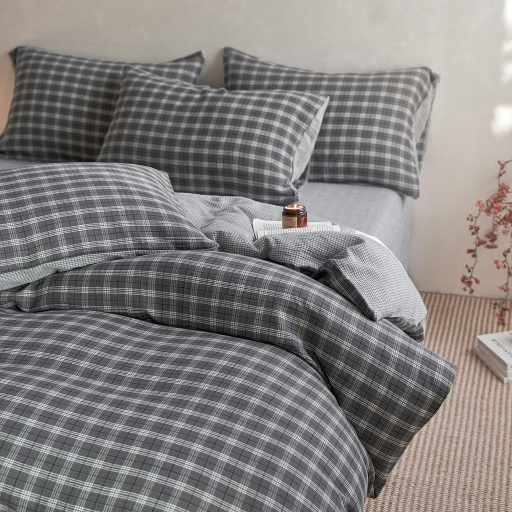 Vintage Grey Plaid Duvet Cover Gingham Bedding Set Full 100% Cotton Muslin Retro Plaid Checkered Comforter Cover Soft