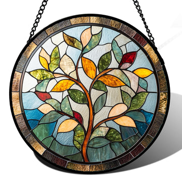 Stained Glass Window Hanging Colorful Tree of Life 6.3" - Plant Leaves Suncatcher Door Garden Home Decor Birthday