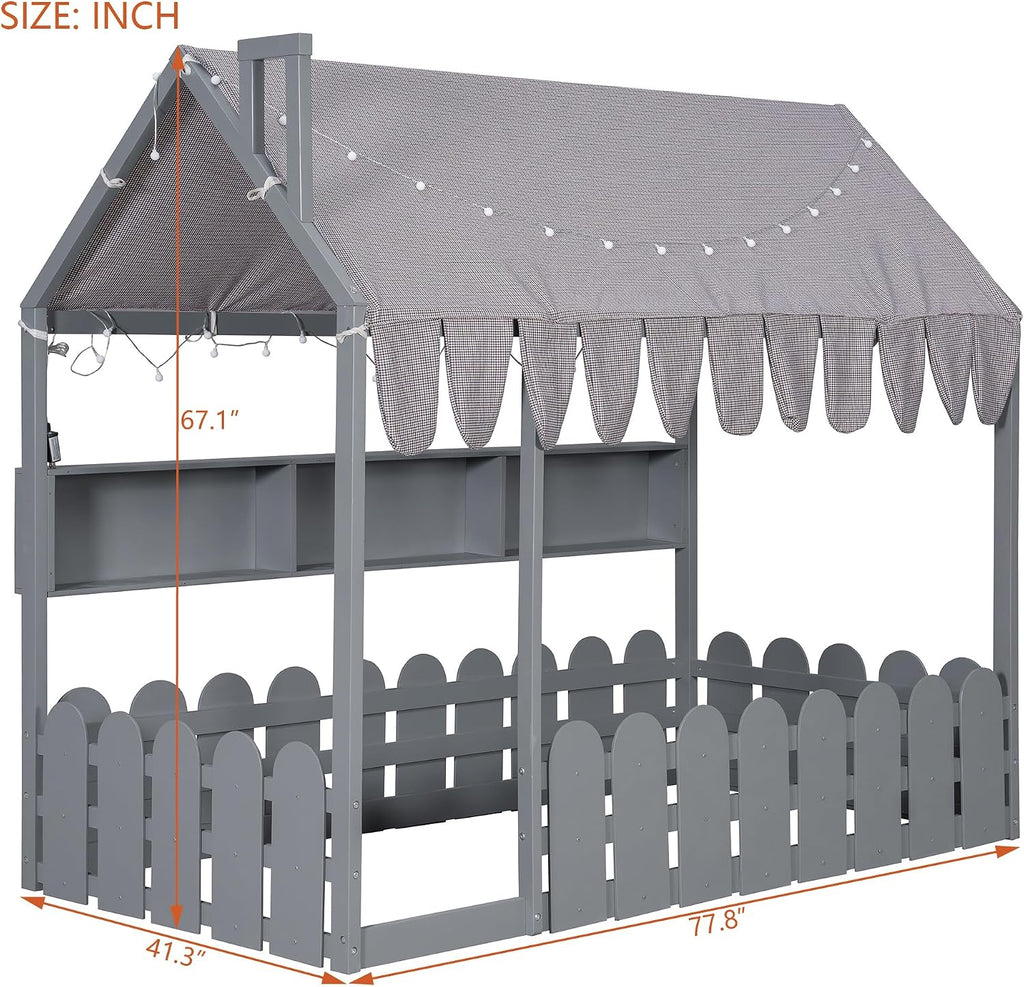 Montessori House Bed for Kids, Floor Bed with Fence Railings, Tent, Lights & 3 Storage Shelves, Slats are not