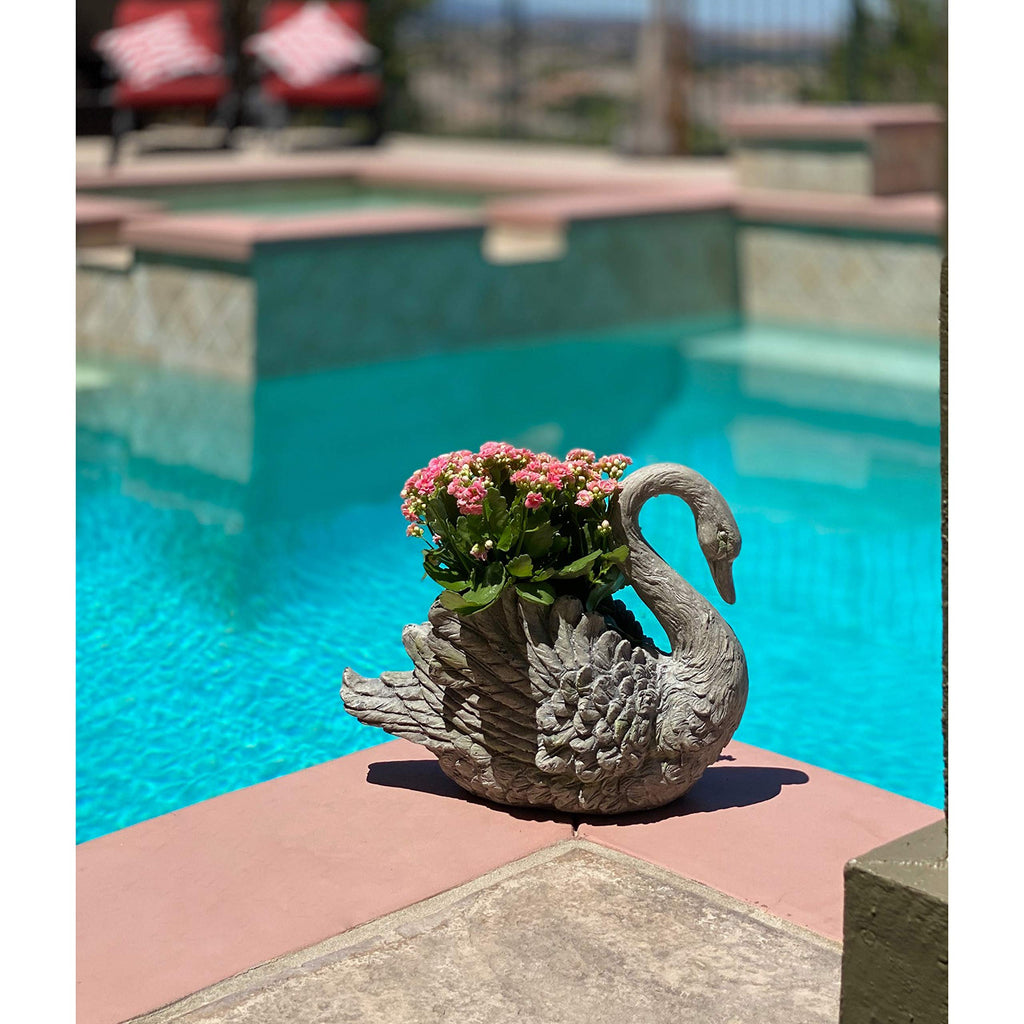 Swan Cast Stone Planter Garden Decor - Grey