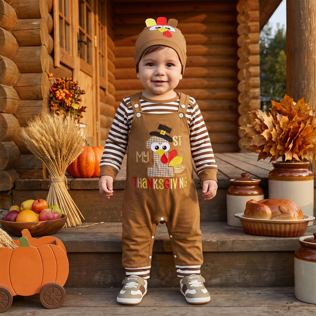 Newborn Baby Boy First Thanksgiving Outfit Stripe Long Sleeve Romper Turkey Overall Pants Hat Set 3Pcs Clothes