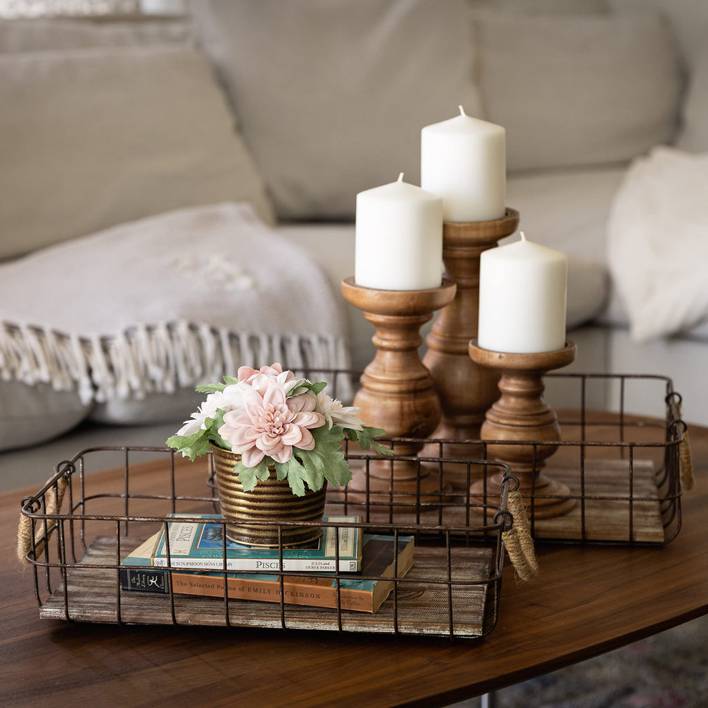 Stackable 2pc Rectangle Metal Wire and Wood Basket Set with Rope Wrapped Handles, Rustic Decor Storage, Decorative