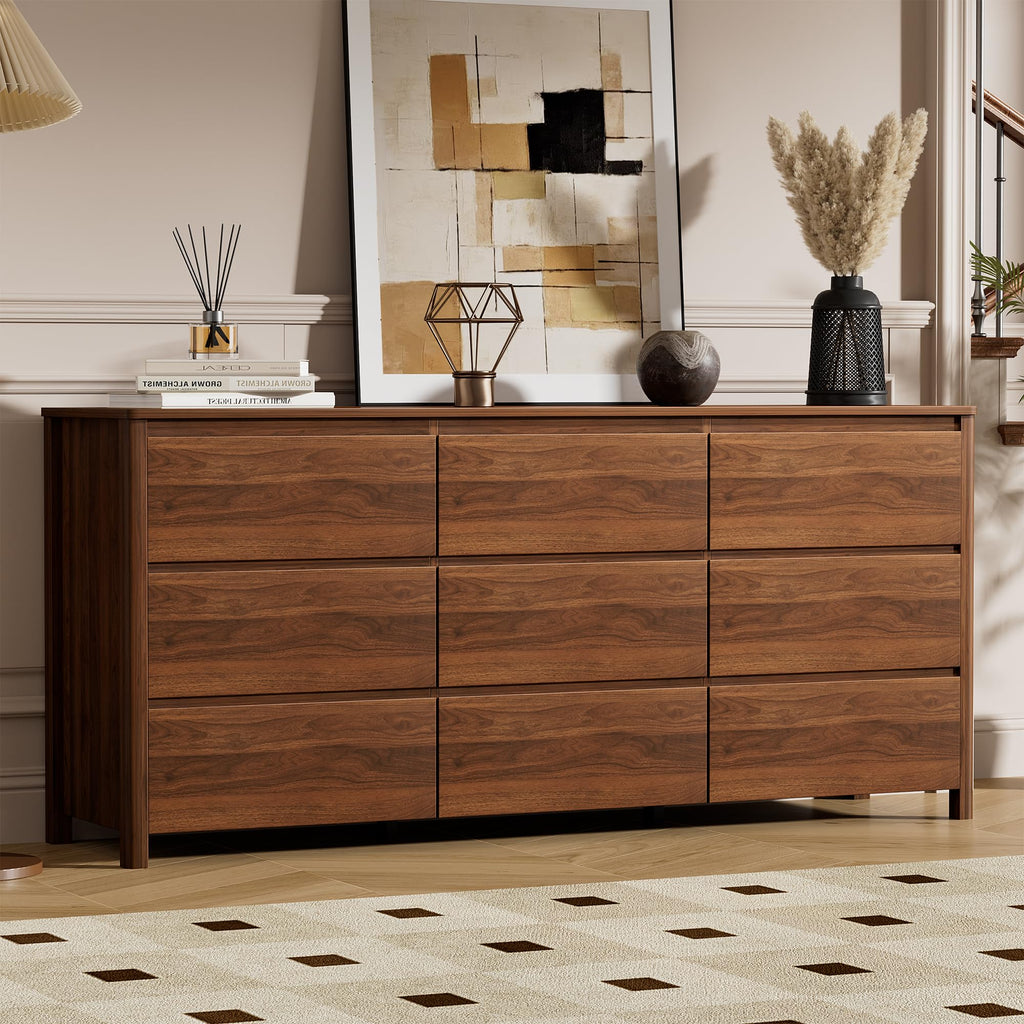 63" Wide 9 Drawer Wood Dresser with Legs, Walnut