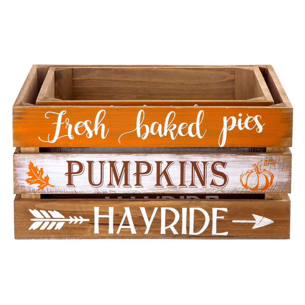 Fall Harvest Wood Crate, Rustic Nesting Wooden Crates Set of 2, Farmhouse Fall Decorative Wood Storage Gift Boxes for