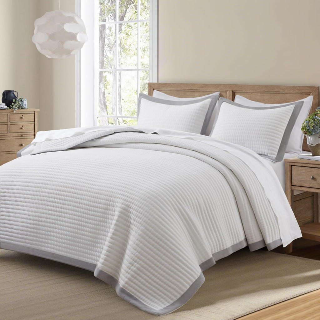 White Quilt Set - Farmhouse Soft Striped Stitch Bedding Bedspread Coverlet Summer Lightweight