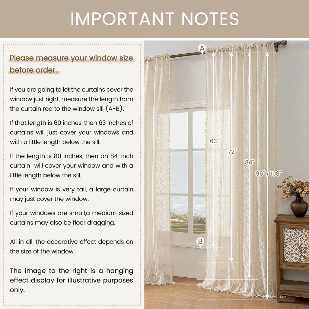 Boho Lace Curtains 2 Panels 84 Inches -Cute Vintage Victorian Sheer Panel Drape French Country Floral Pattern &