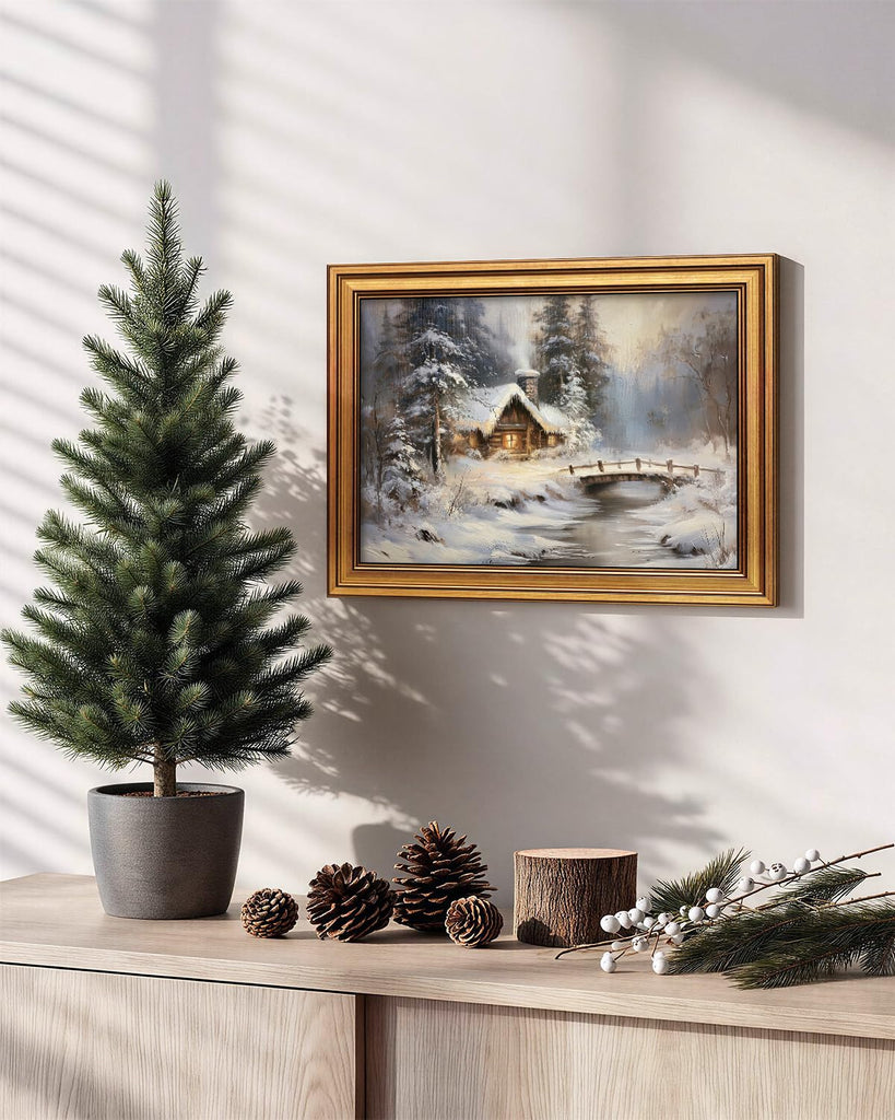 Winter Cabin Wall Art Snowy Forest Landscape Painting 12x16 Inch