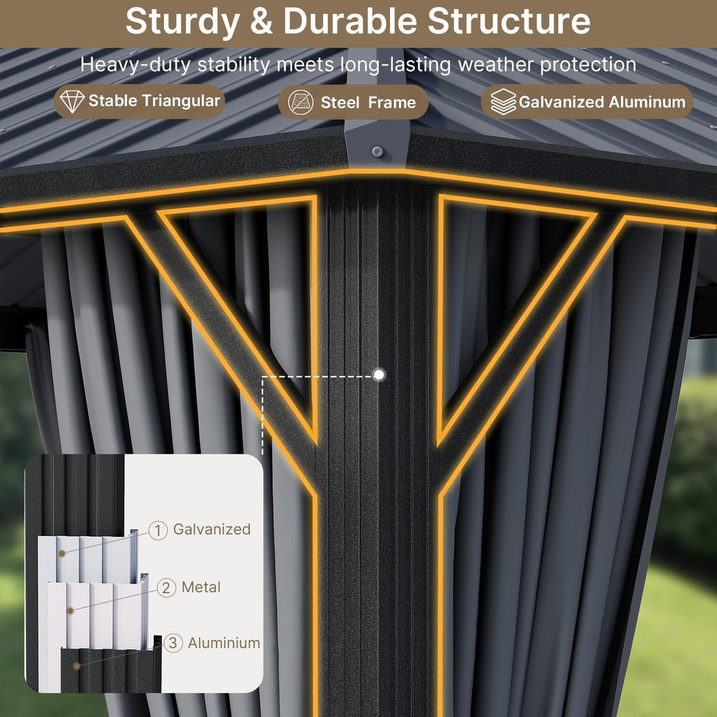 10'x12' Hardtop Gazebo, Aluminum Frame Metal Canopy with Double Roof