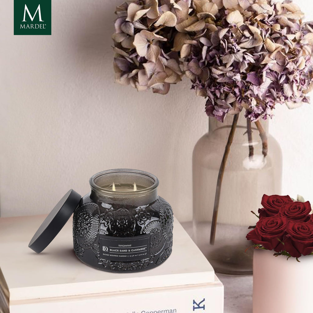 Black Sand & Cashmere Embossed Jar Candle (18 oz) Jasmine, Coconut, Rose, Bergamot, Floral - Dual Wick Embossed Glass