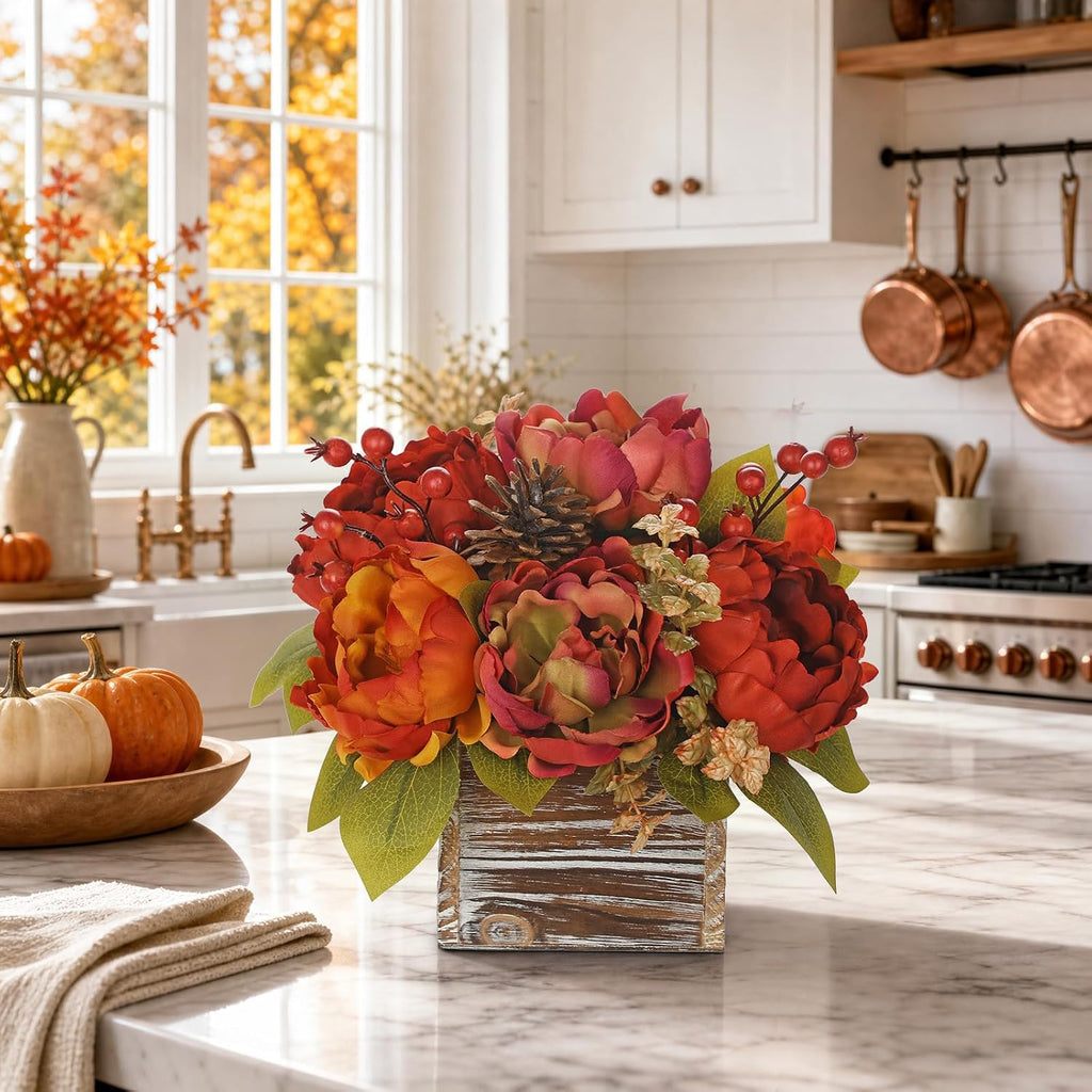 Fall Peonies Artificial Flowers Arrangements In Rustic Square Wooden Box