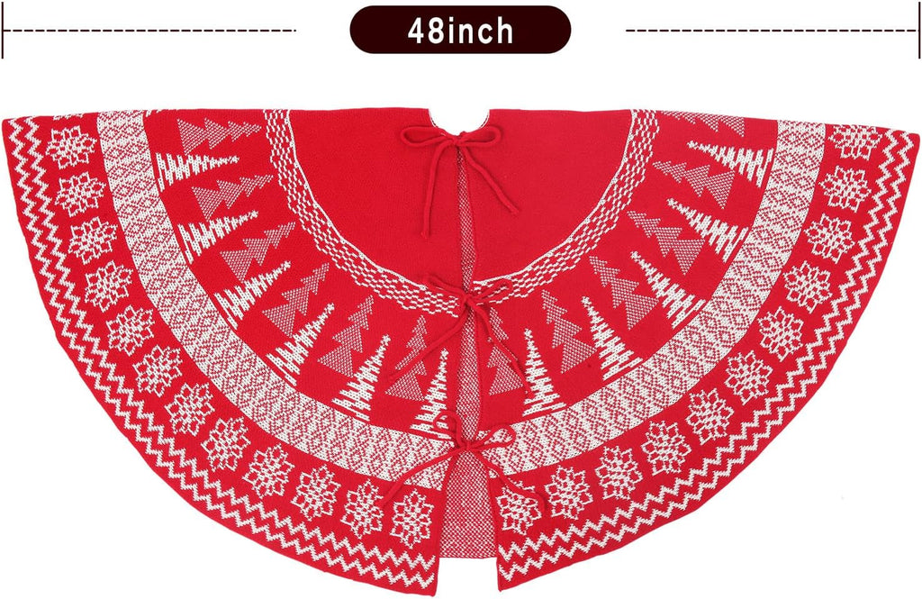 Knitted Christmas Tree Skirt,48 Inch Snowflakes Knit Christmas Tree Skirt Red Burgundy Tree Skirt Cable Knit Xmas