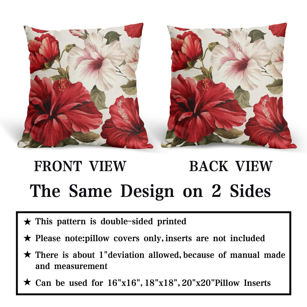 2PCs Hibiscus Flower Pillow Covers Tropical Red White Floral Decorative Throw Pillowcases 20x20inch Spring Summer