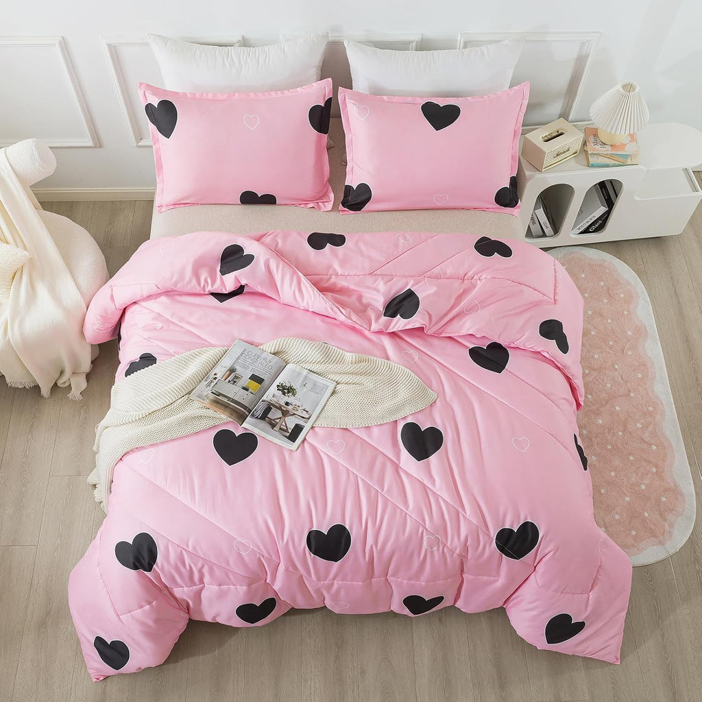 Girls Pink Comforter Set Twin - Blush Pink Cute Love Heart Print Comforter Bedding Set for All Seasons, Geometric