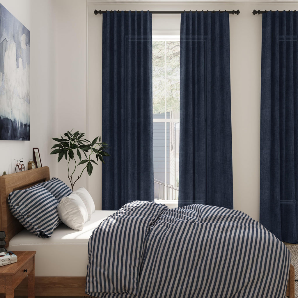 Navy Blue Curtains 80 Inches Length Back Tab Rod Pocket Semi Sheer Linen Drapes Muted Neutral Boho Indigo Blue Linen