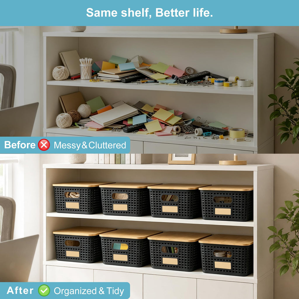 Small Plastic Storage Bins with Bamboo Lids 5.2qt Stackable Box Basket Pantry Decorative Containers Cute with Lable