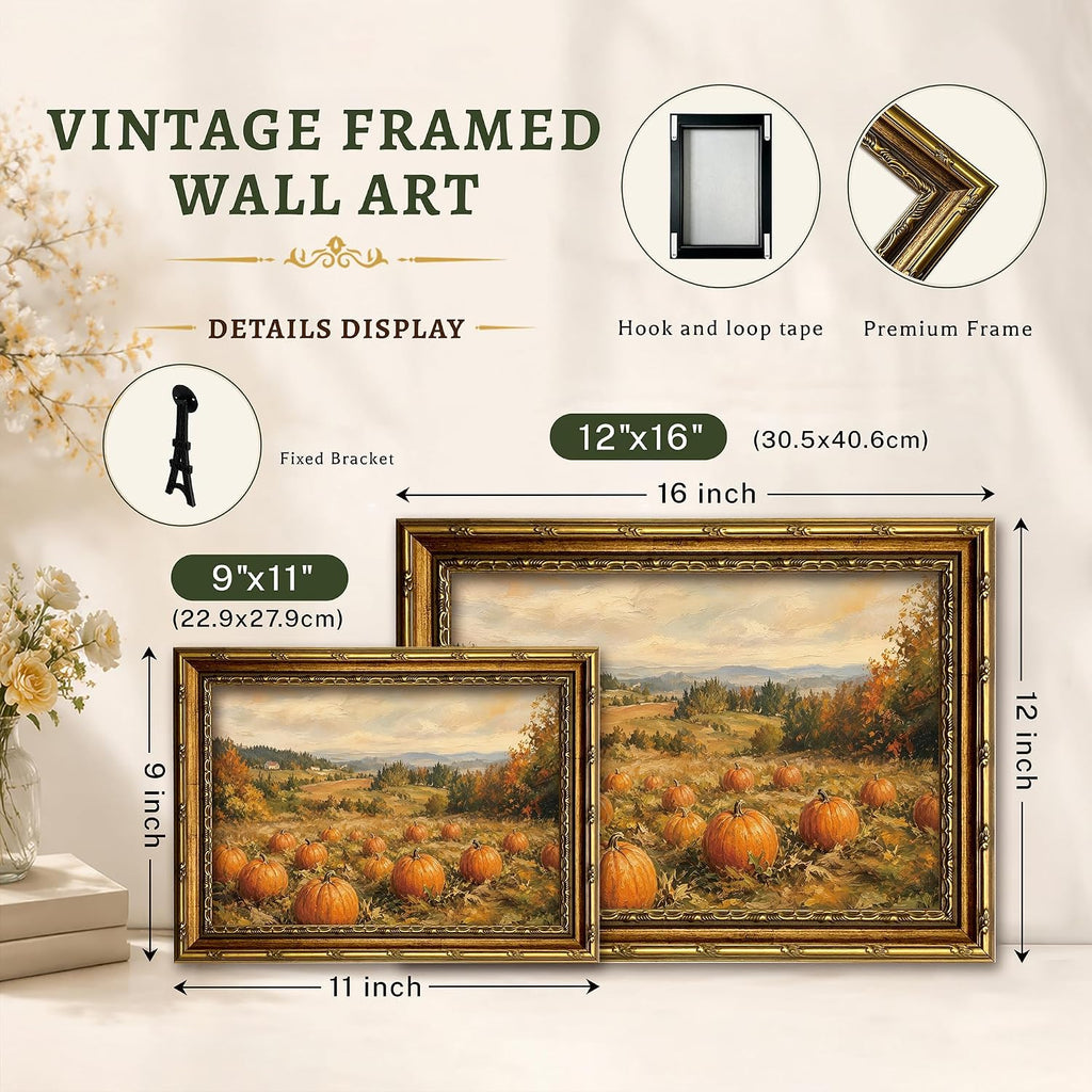 Vintage Autumn Pumpkin Patch Landscape Wall Art Framed Canvas Print with Gold Ornate Vintage Frame, Good Dining Room