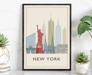 York Illustration Poster Poster, Skyline Cityscape and Landmark Print, Wall, Office Decor, Home - 24x36