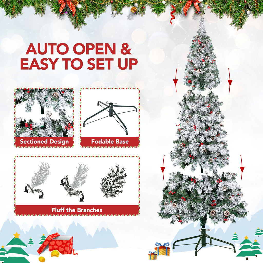 7FT Pre-Lit Snow Christmas Tree with Remote Control and Timer, Snow Flocked Artificial Pencil Christmas Tree with 798