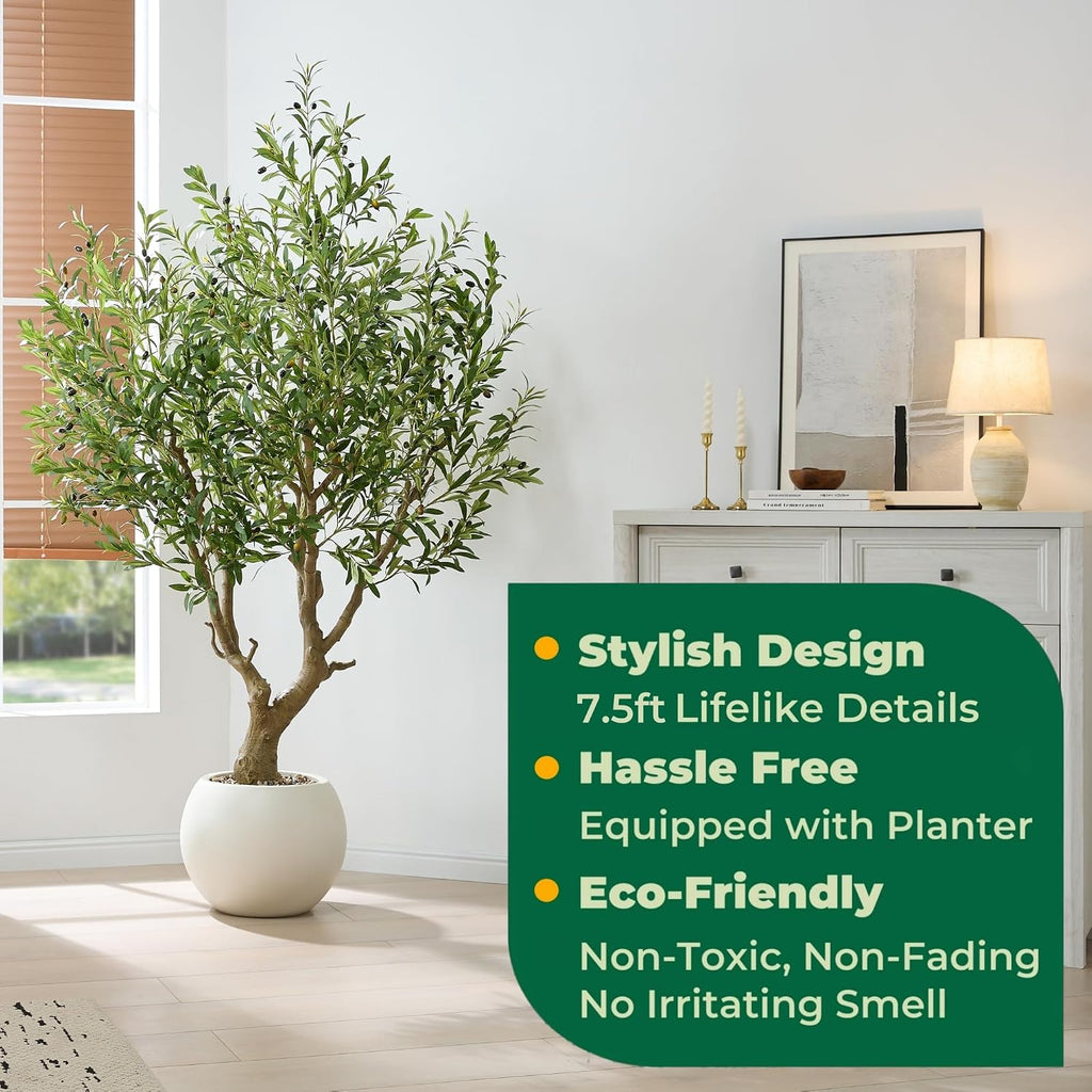 7.5 FT Large Luxury Artificial Olive Tree with Decorative White Pot