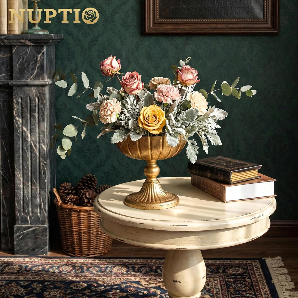 Gold Compote Vase for Centerpiece: 7.95" Tall Pedestal Footed Bowl for Flowers - Distressed Brass Urn for Wedding