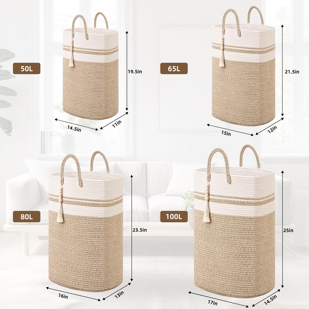 Woven Laundry Basket for Clothes, 65L Large Rectangle Laundry Hampers, Nursery Storage Basket for Toys, Tall Dirty