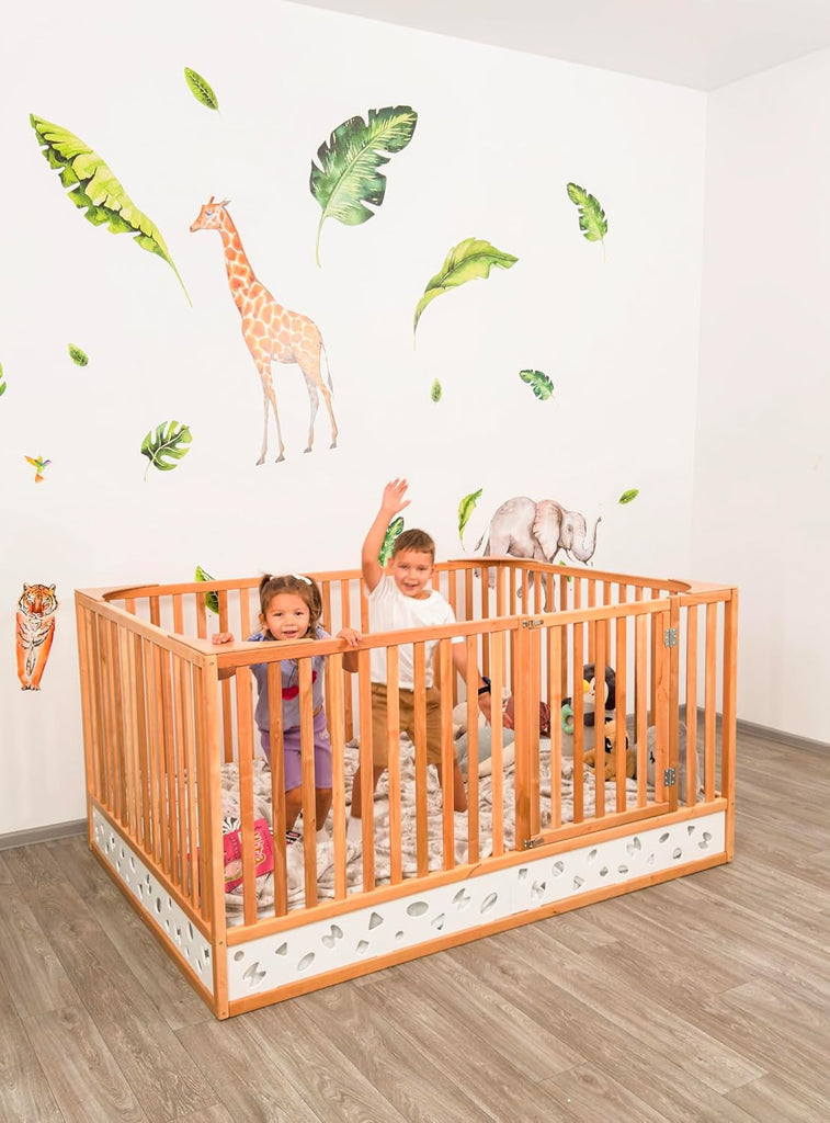 Montessori Floor Bed with Extra High Rails and Locking Door - Low Toddler Bed Frame with Slats - Twin/Full/Queen