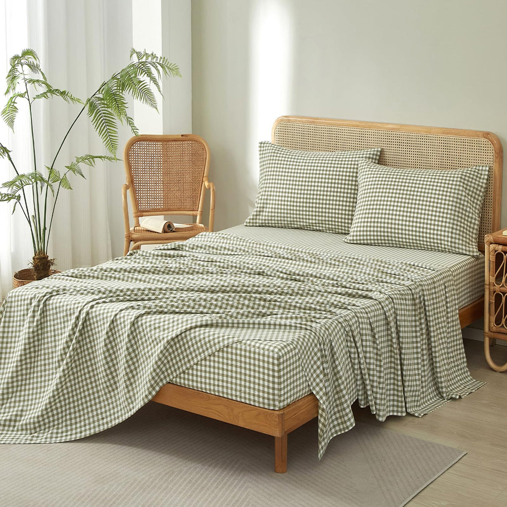 Gingham Queen Sheet Set, 100% Washed Cotton Linen Feel Sage Green Plaid Printed Sheet Sets Lightweight Soft Grid Bed