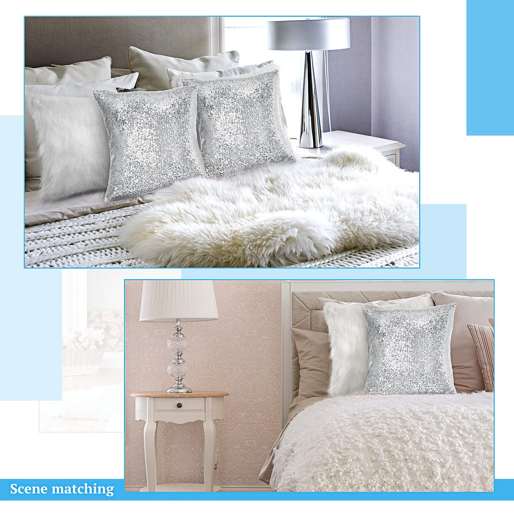 4 Pcs Sequin Fluffy Pillow, White, Silver, 18 x 18 Inch