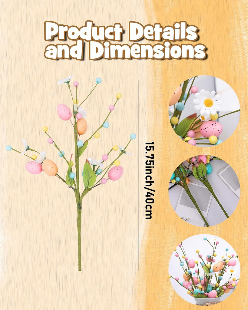 Artificial Easter Floral Stems Easter Egg & Berry Spray Stems, Pastel Spring Flower Twig Branches - Set of 3