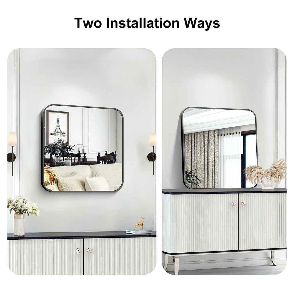 Square Bathroom Mirror, 24"x24" Black Rectangle Vanity Mirror, Black Metal Frame Mirror with Rounded Corner