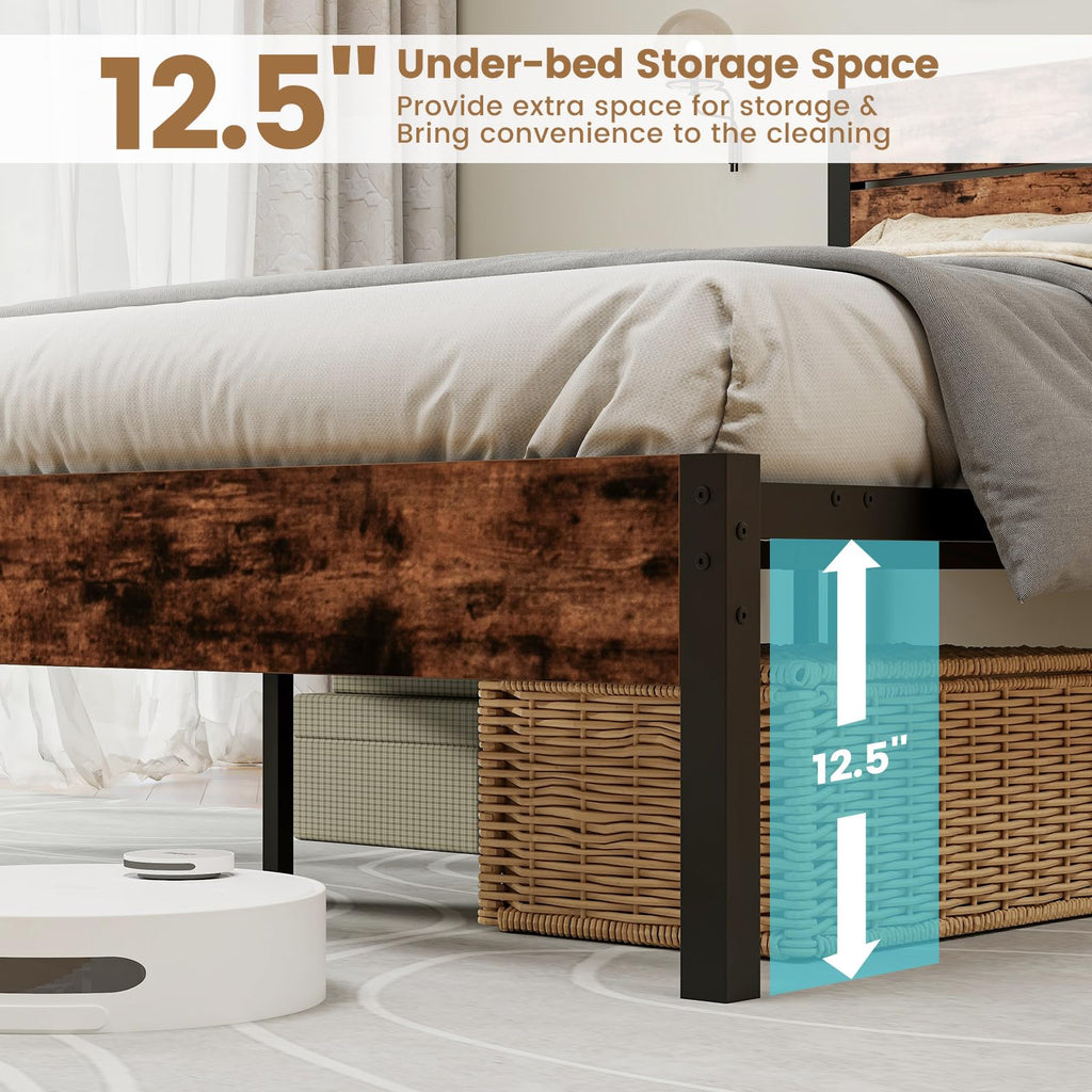 Bed Frame with Headboard, Metal Platform Bed with Under-Bed Storage Space & Slatted Headboard, Industrial