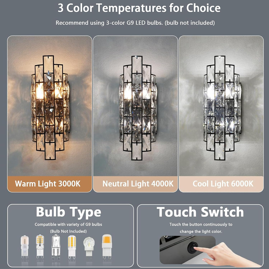 Black Crystal Wall Sconce, Modern Indoor Wall Light Fixtures with Touch Switch, Luxury K9 Crystal Vanity Wall