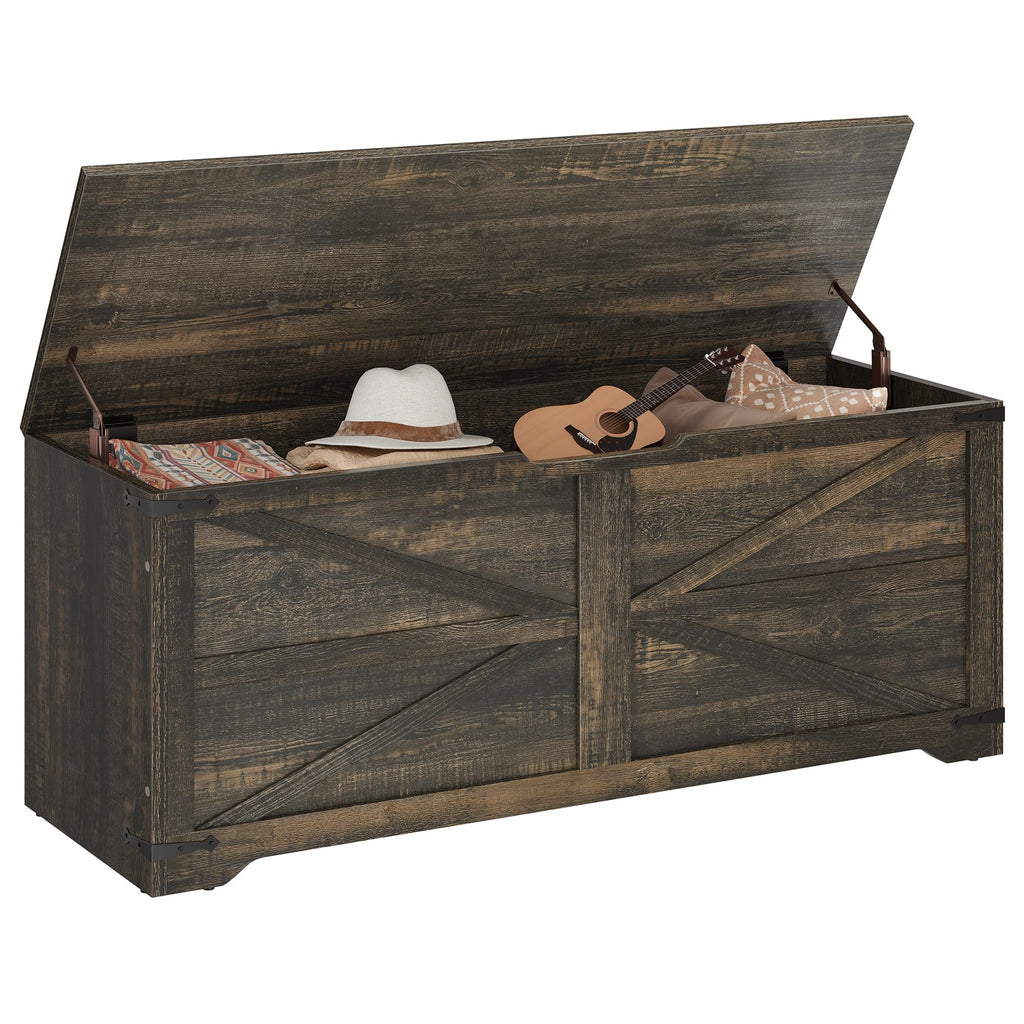Storage Bench, 47.2" Farmhouse Storage Chest with 2 Safety Hinges, Wooden Storage Organizer, Shoe Bench, Dark Rustic