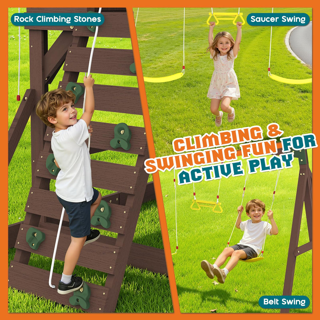 Wooden Swing Set for Kids with Double Towers