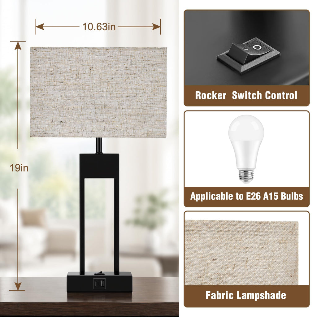 19" Nightstand Table Lamps Set of 2, USB C+A | 3 Colors Changeable Bedside Lamps, Lamp for Nightstands(Bulbs